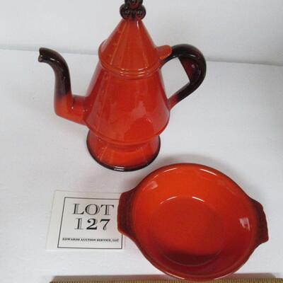 Vintage Metlox Red Rooster Coffee Server and Tab Handled Bowl