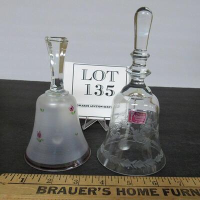 2 Vintage Glass Bells, Hand Painted Flowers on Frosted Base and Cut Glass Flowers on Clear, Romania, See all photos.