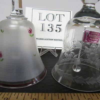 2 Vintage Glass Bells, Hand Painted Flowers on Frosted Base and Cut Glass Flowers on Clear, Romania, See all photos.