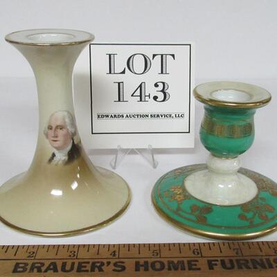 Two Nice Old Candlesticks, Limoges France George and Martha Washington, and Noritake Green/Gold