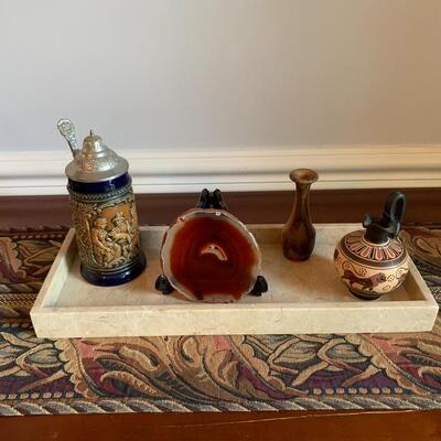 Lot 501: Marble Tray, Gerzit Lidded Stein, Lolina Southwest Pottery, Wooden Vase & More