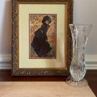 Lot 490:  St. George Crystal Vase, Tuscan Design Leather Jewelry Box, Framed Victorian Lady Print & More