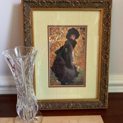 Lot 490:  St. George Crystal Vase, Tuscan Design Leather Jewelry Box, Framed Victorian Lady Print & More