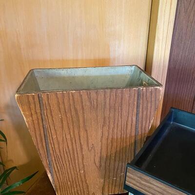 Vintage Office Paper Tray and Wood Panel Trash Can