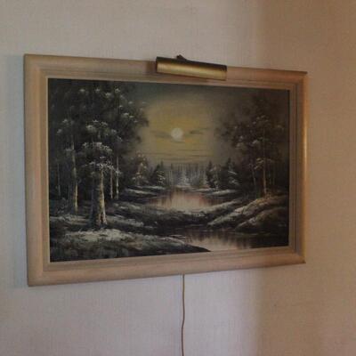Large Winter Forest Scene Painting with Light Signed Norwood