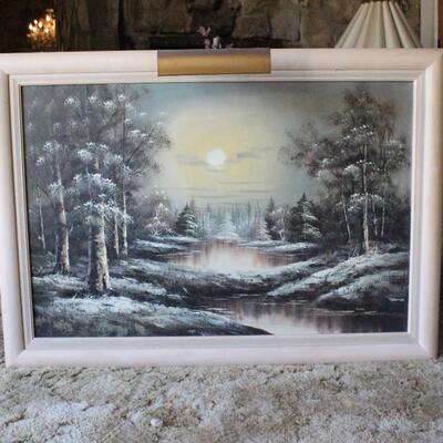 Large Winter Forest Scene Painting with Light Signed Norwood