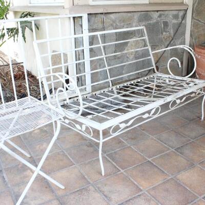 Vintage White Metal Two Seater Bench with Small Table