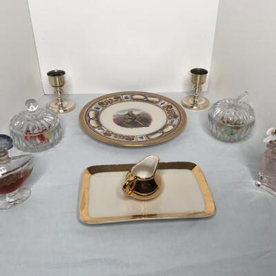 Candle holders, marbles, shalimar, daisy cologne, saucer creamer