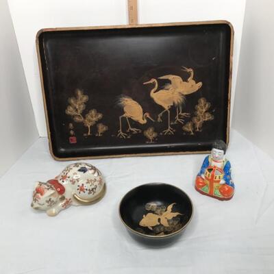 MCM tray and bowl, incense burner Asian design, satsuma porcelain cat
