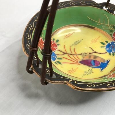 Hand Painted Asian Bowl with Bamboo Handle