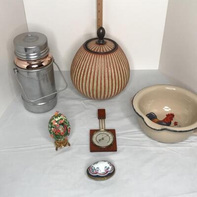 Mcm thermometer, vintage thermos, gourd, bowl, porcelain egg and stand up egg