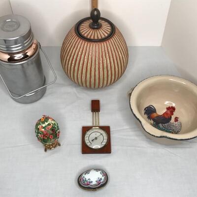 Mcm thermometer, vintage thermos, gourd, bowl, porcelain egg and stand up egg