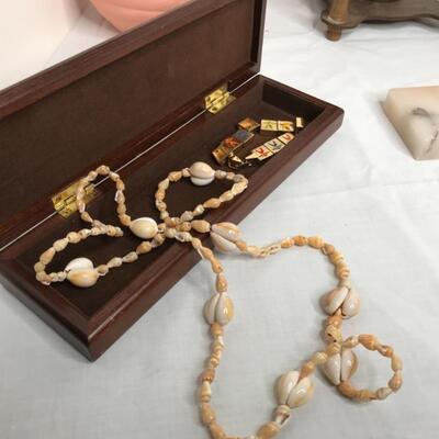 Clock, shell necklace, bracelet box, beehive vase, globe, Asian vase, marble brass plaque, vintage hand warmer