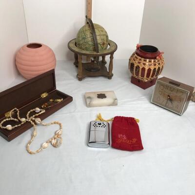 Clock, shell necklace, bracelet box, beehive vase, globe, Asian vase, marble brass plaque, vintage hand warmer