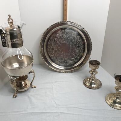 Silver plate candle sticks, tray coffee pot