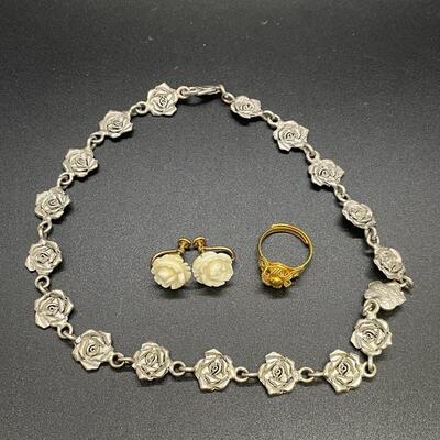 Flower Clip-On Earrings, Ring, and Necklace Set of Three