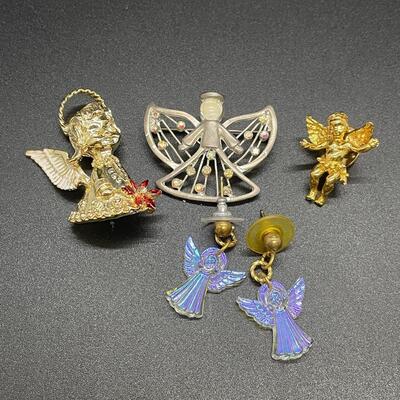 Set of Four Angel Pin Pendants and Earrings
