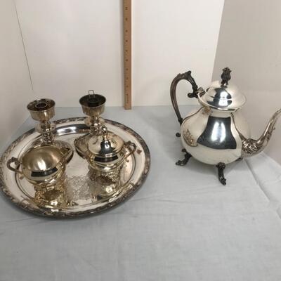 Silver plated coffee pot, tray, candlesticks, creamer and sugar