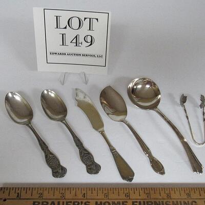 6 Pieces of Silver Plate Flatware, Wm Rogers, Wallace, Unmarked Tongs, and 2 State Spoons