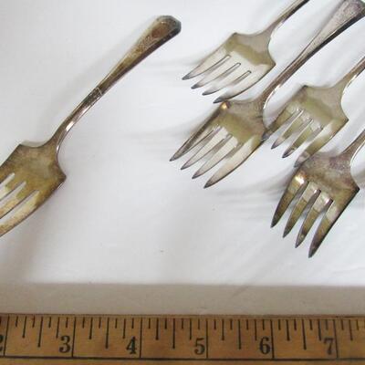 6 Silverplate Forks, Wm Rogers and Son, and Homan Plate Wine, Mv Mounts, USA