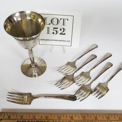 6 Silverplate Forks, Wm Rogers and Son, and Homan Plate Wine, Mv Mounts, USA