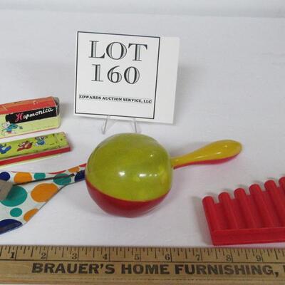 4 Vintage Toy Musical Instruments, Harmonica, Clapper, More