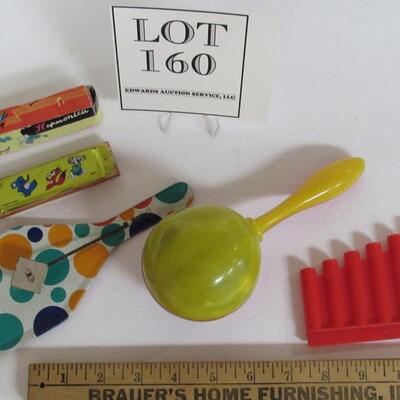 4 Vintage Toy Musical Instruments, Harmonica, Clapper, More