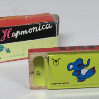 4 Vintage Toy Musical Instruments, Harmonica, Clapper, More