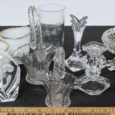 Lot of Misc Glassware, Baskets, Candlesticks, Fire King Sugar Creamer, More