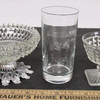 Lot of Misc Glassware, Baskets, Candlesticks, Fire King Sugar Creamer, More