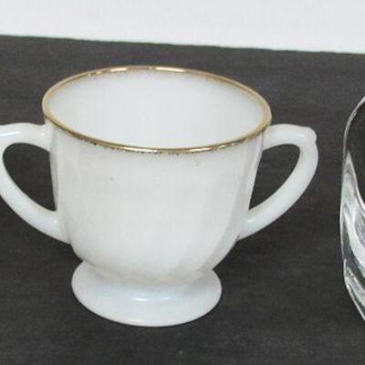 Lot of Misc Glassware, Baskets, Candlesticks, Fire King Sugar Creamer, More