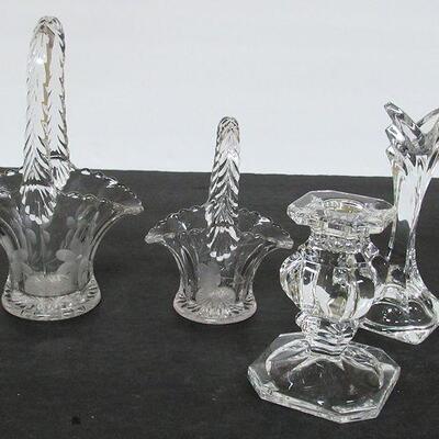 Lot of Misc Glassware, Baskets, Candlesticks, Fire King Sugar Creamer, More