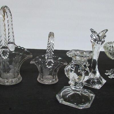 Lot of Misc Glassware, Baskets, Candlesticks, Fire King Sugar Creamer, More