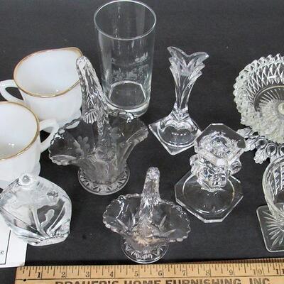 Lot of Misc Glassware, Baskets, Candlesticks, Fire King Sugar Creamer, More
