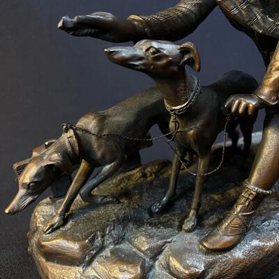 Charming Bronze Young Man With Hounds Figure