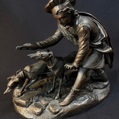 Charming Bronze Young Man With Hounds Figure