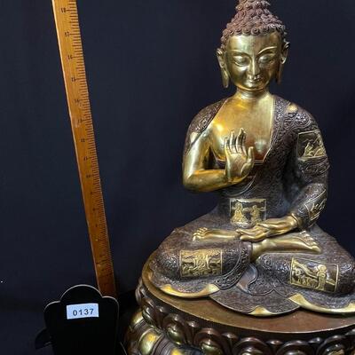 Large Gilded Bronze Seated Buddha on Lotus Base Amazing!