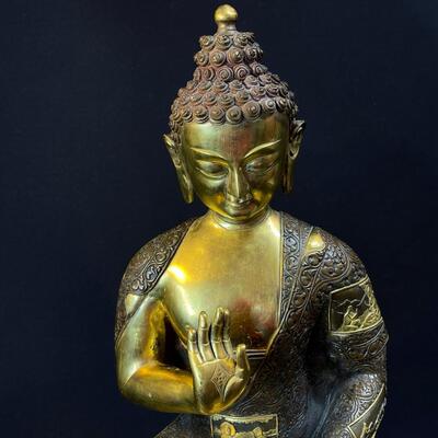 Large Gilded Bronze Seated Buddha on Lotus Base Amazing!