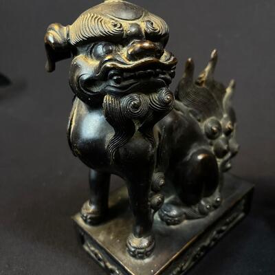 A Pair of Bronze Chinese Temple Foo Lions