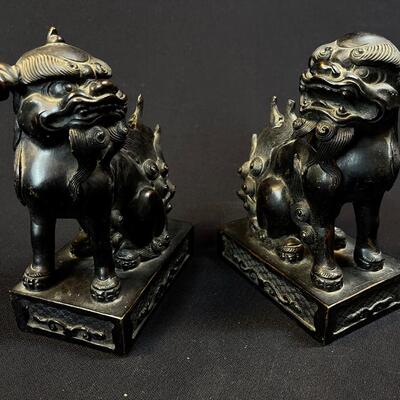 A Pair of Bronze Chinese Temple Foo Lions