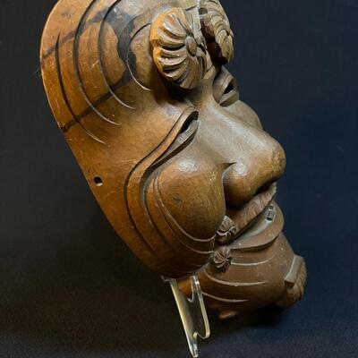 Vintage Carved Wood Japanese Face Mask