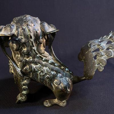 Bronze Chinese Temple Foo Lion Flaming Tail