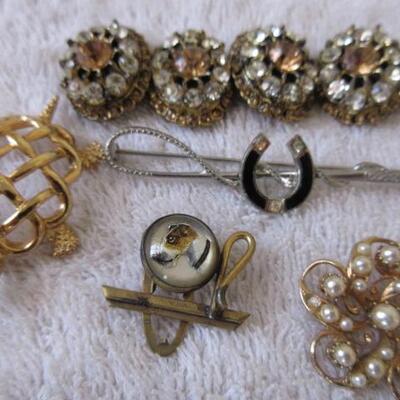 Napier turtle pin, vintage horseshoe and terrier dog pins, rhinestone and metal buttons, pierced earrings