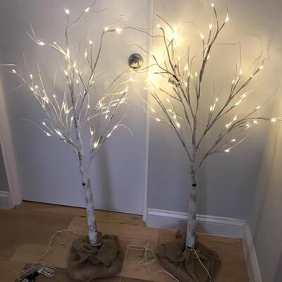 2 lighted trees in burlap bags