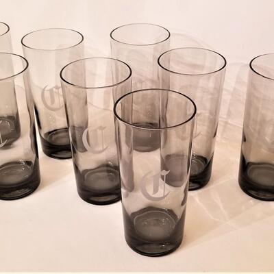 Lot #9  Set of 8 Mid Century Smoky Glass Drinking Glasses - initial 