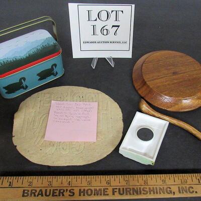 Misc Lot, Small Tin Box, Wood Plate and Spoon, Magnet, Vintage Patch