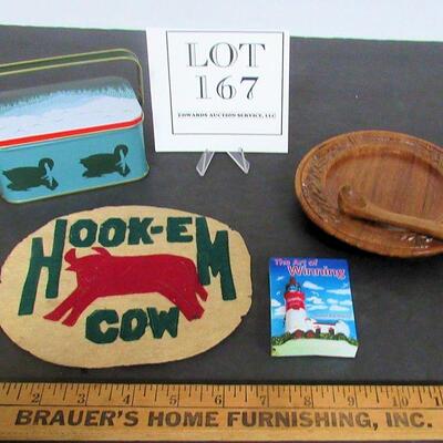 Misc Lot, Small Tin Box, Wood Plate and Spoon, Magnet, Vintage Patch