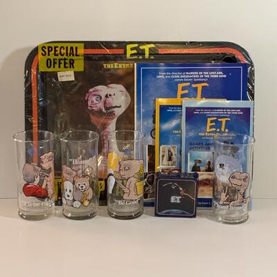 Lot 97: Vintage ET Collectibles, New TV/Bed/Play Tray, Glasses & More