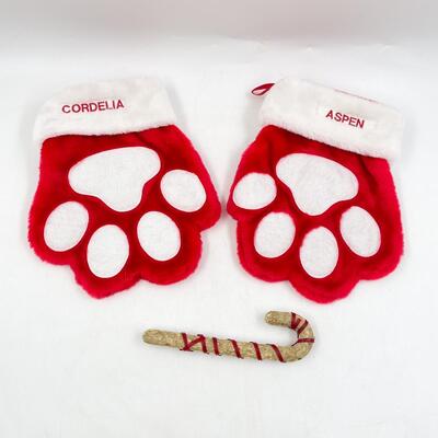PAW CHRISTMAS STOCKINGS AND CANDY CANE DOG TREAT
