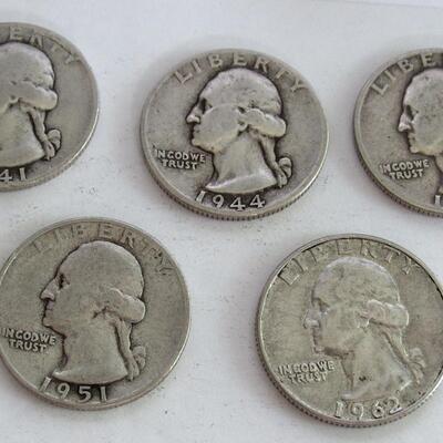 5 Silver Quarters: 1941 D (edge nick), 1944, 1950, 1951, 1962 D